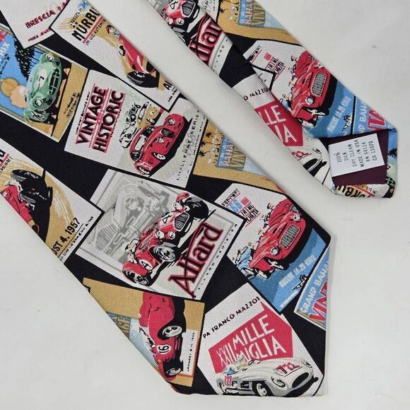 RM STYLE SILK TIE MONACO INDY RACING CARS POSTERS BLACK 3.75" X 57" VINTAGE - Picture 1 of 4